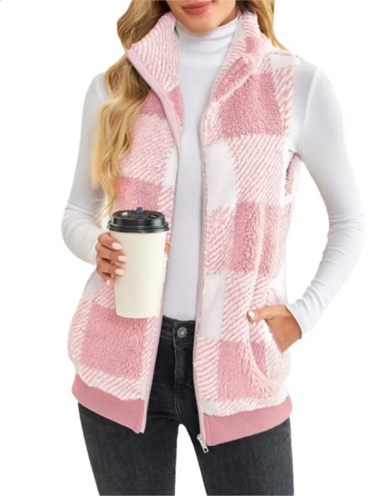 Autumn Winter Plaid Fleece Hoodie Vest Womens Cardigan Fashion Stand Collar Simple Casual Pocket Sleeveless Female Office Coat 240813