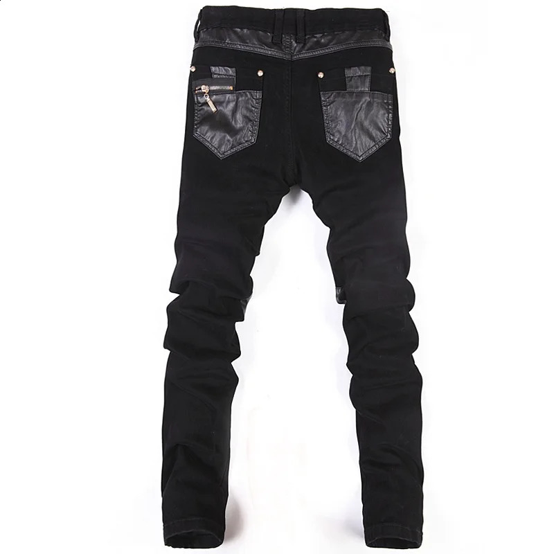 Fashion Men Leather Pants Patchwork Casual Skinny Mens Motorcycle Jeans High Quality Slim Trousers Size 2836 240812