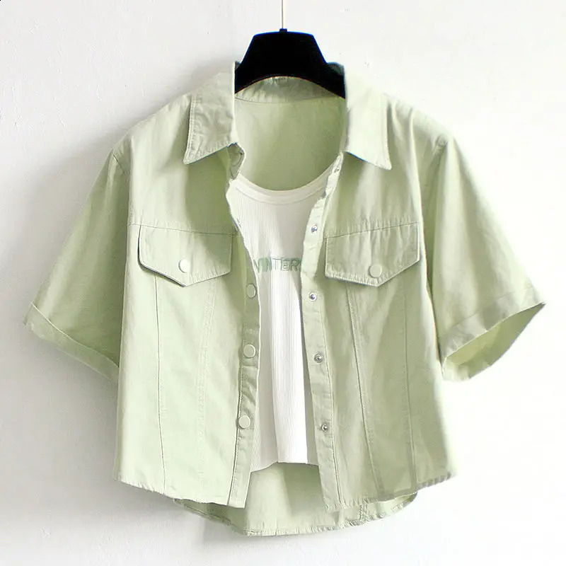 Womens Summer England Commute Solid Color Patchwork Button Cardigan Polo Collar Slim All-match Short Sleeve Coats Tops 240812