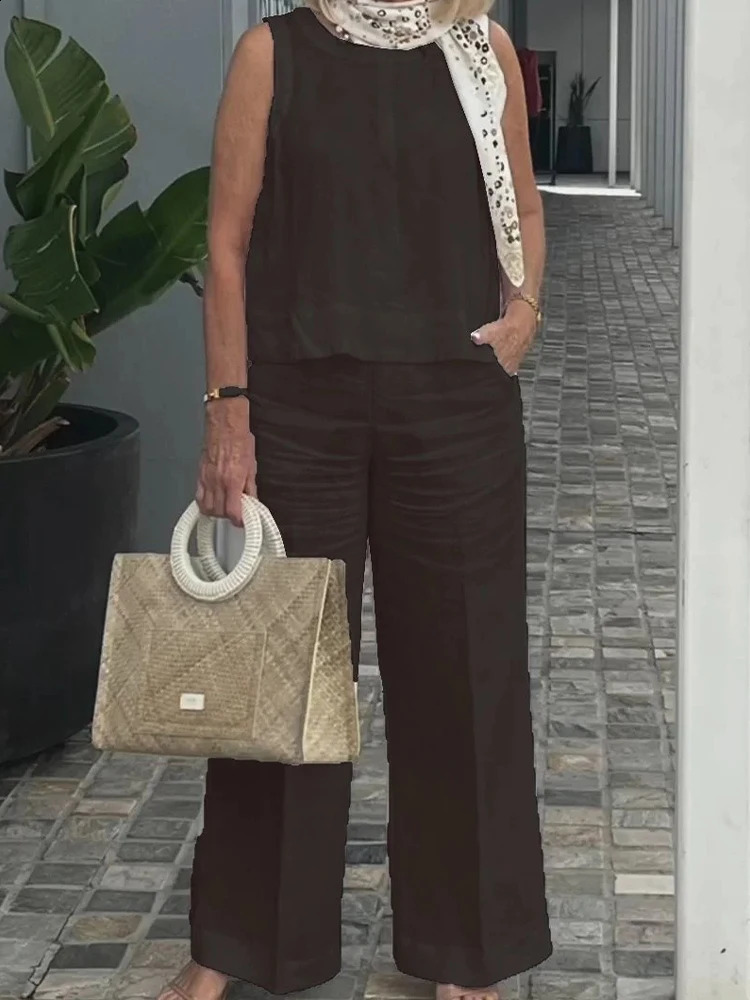 Suit For Women Summer O-neck Tank Top Wide-leg Pants Two Piece Set Female Casual Outfits Solid Ladies 2024 Summer Clothing 240813