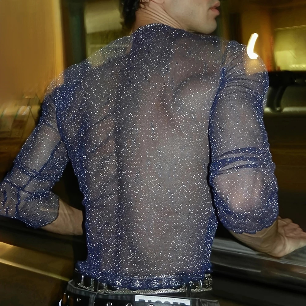 Mens See-Through Shiny Sexy Casual T-Shirt Autumn Genderless Fashion Tight Stretch Nightclub Thin Long-Sleeved Top Unisex 240812