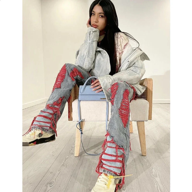 Retro Y2k Baggy Pants red Ripped Jeans Women Streetwear High Waist Gradient Color Fashion Casual Mopping Trousers y2k jeans 240813