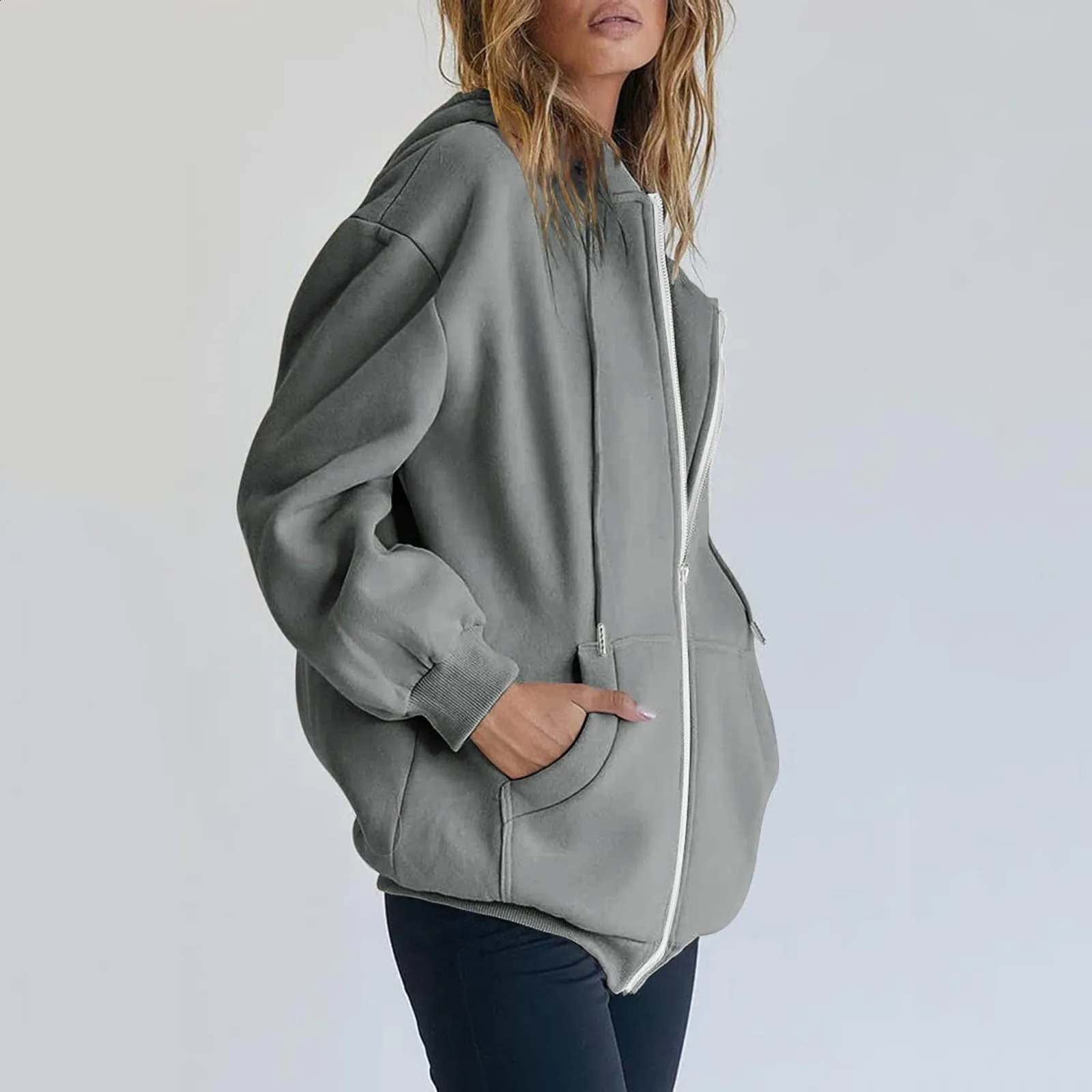 Zipper Cardigan Sweatshirt Autumn Winter Casual Solid Long Sleeve Hooded Coat Female Loose Casual Thickened Fashion Warm Tops 240824