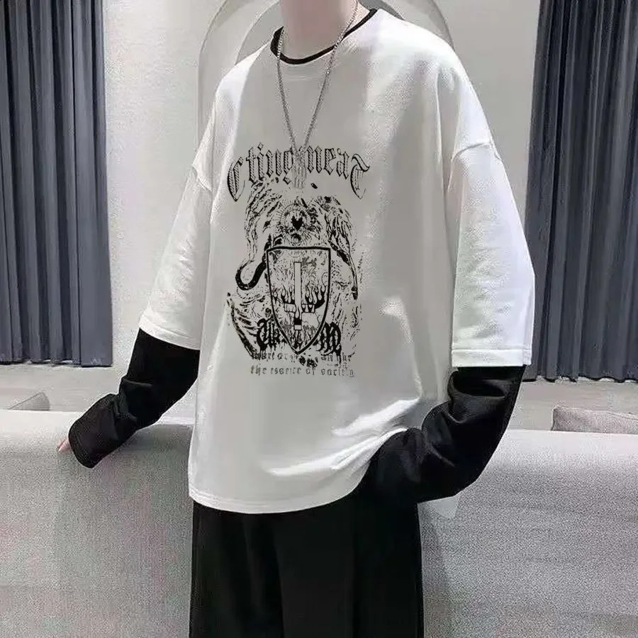 Black cross print long sleeved mens T-shirt autumn retro Y2k street clothing graphic T-shirt 240826