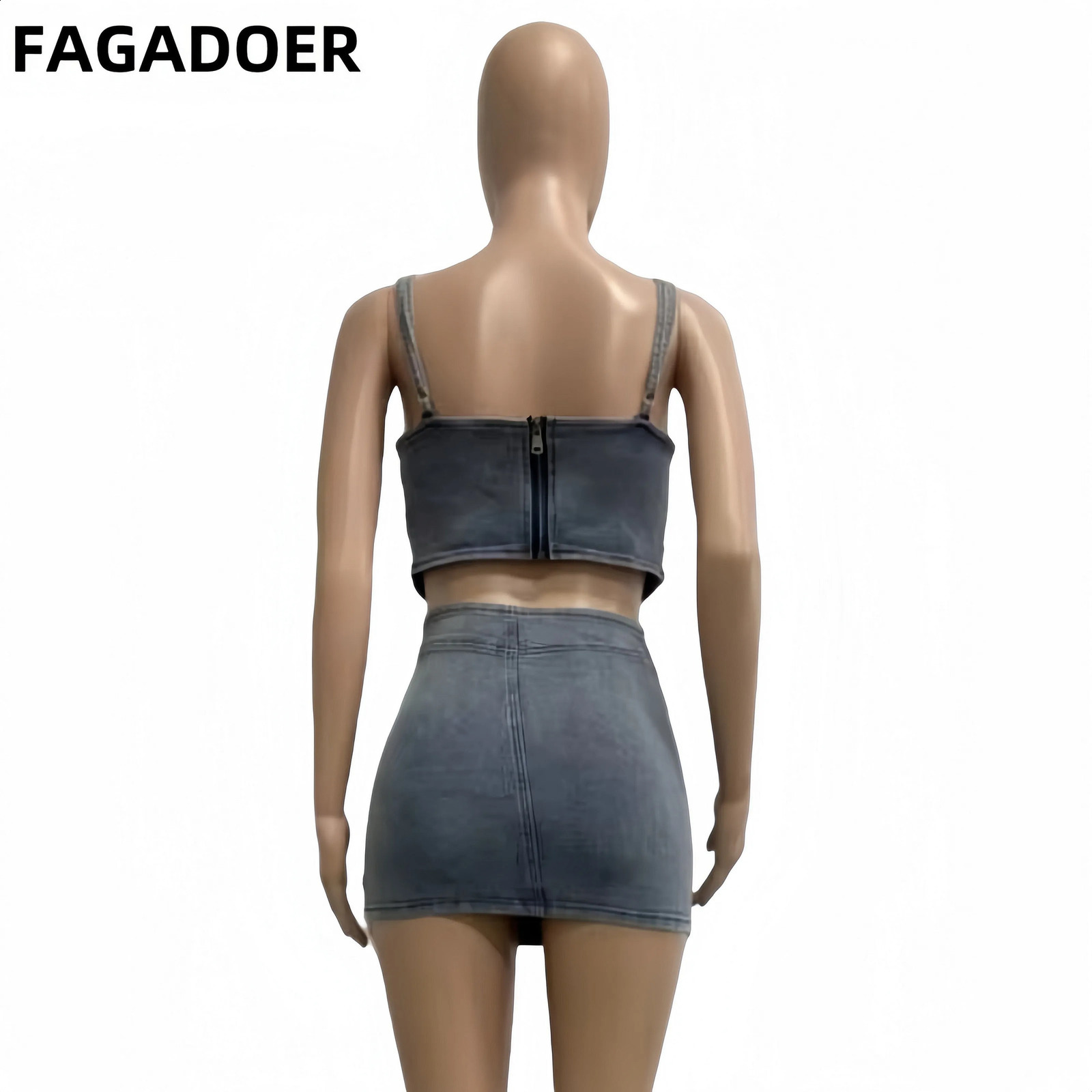 FAGADOER Blue Fashion Hollow Out Elasticity Denim Two Piece Sets Women Thin Strap Sleeveless Tank Top And Skirts Cowboy Outfits 240812