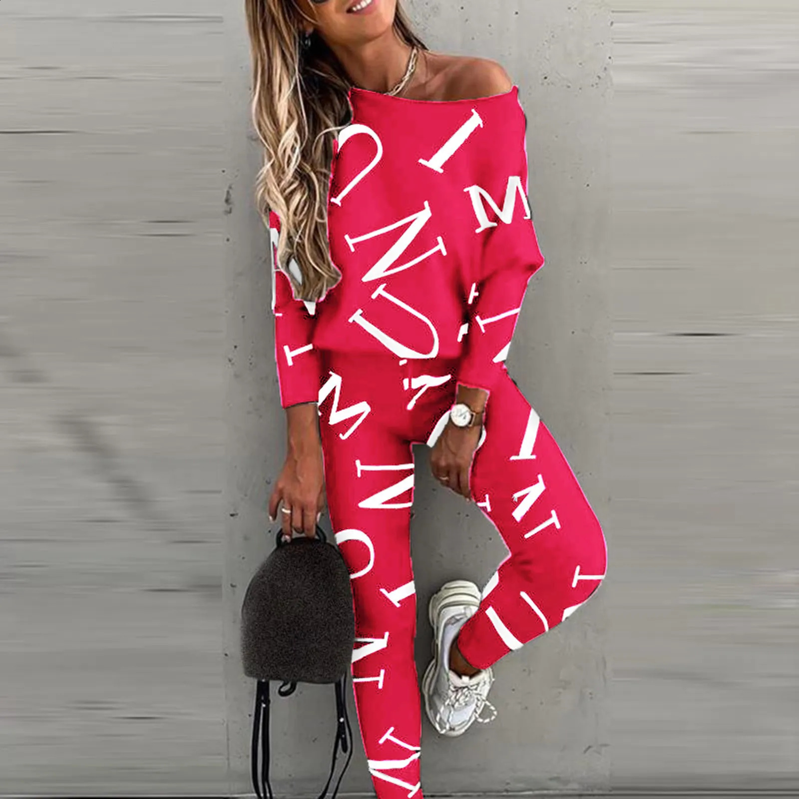 Womens Casual Fashion Letters Printed Bat Sleeve Long Pants Leisure Sports Suit Casual Loose Versatile Two Piece Set Outfit 240813