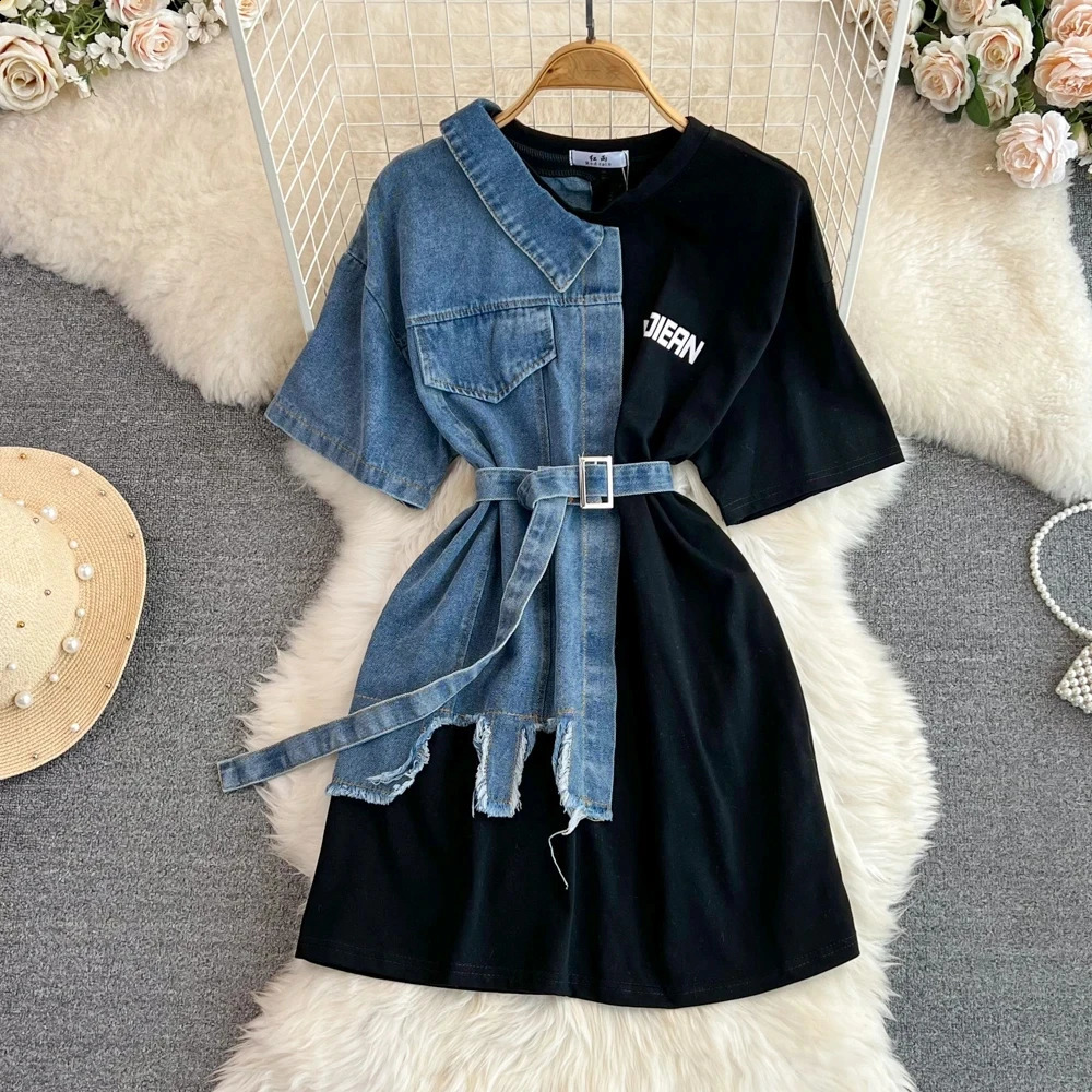 Women Elegant Patchwork Denim Shirts Summer Vintage Casual Slim Blouses Tops with Belted Female Fashion Pullover Clothes 240812