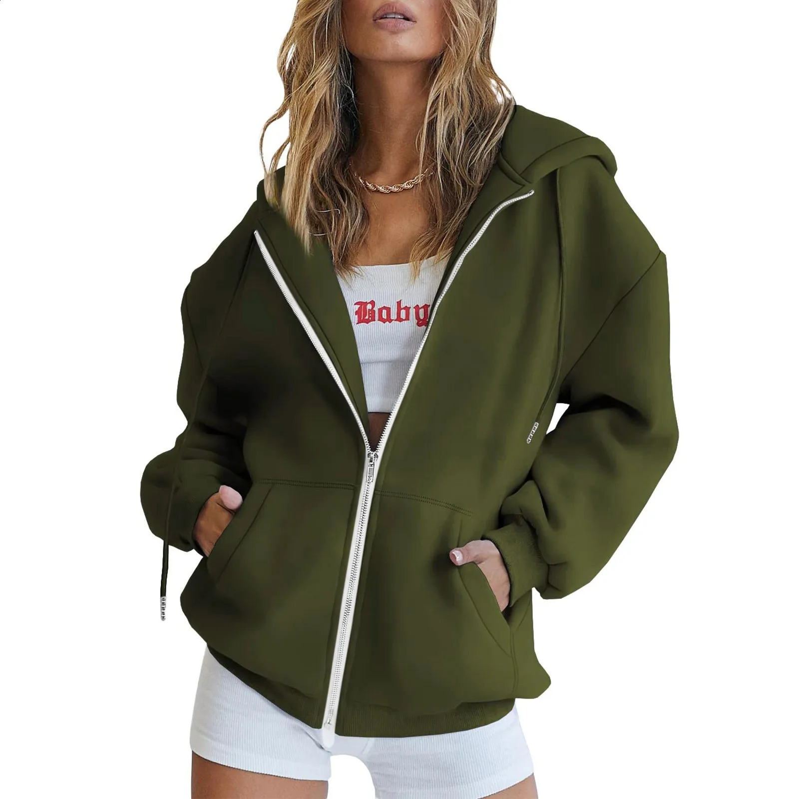Zipper Cardigan Sweatshirt Autumn Winter Casual Solid Long Sleeve Hooded Coat Female Loose Casual Thickened Fashion Warm Tops 240824