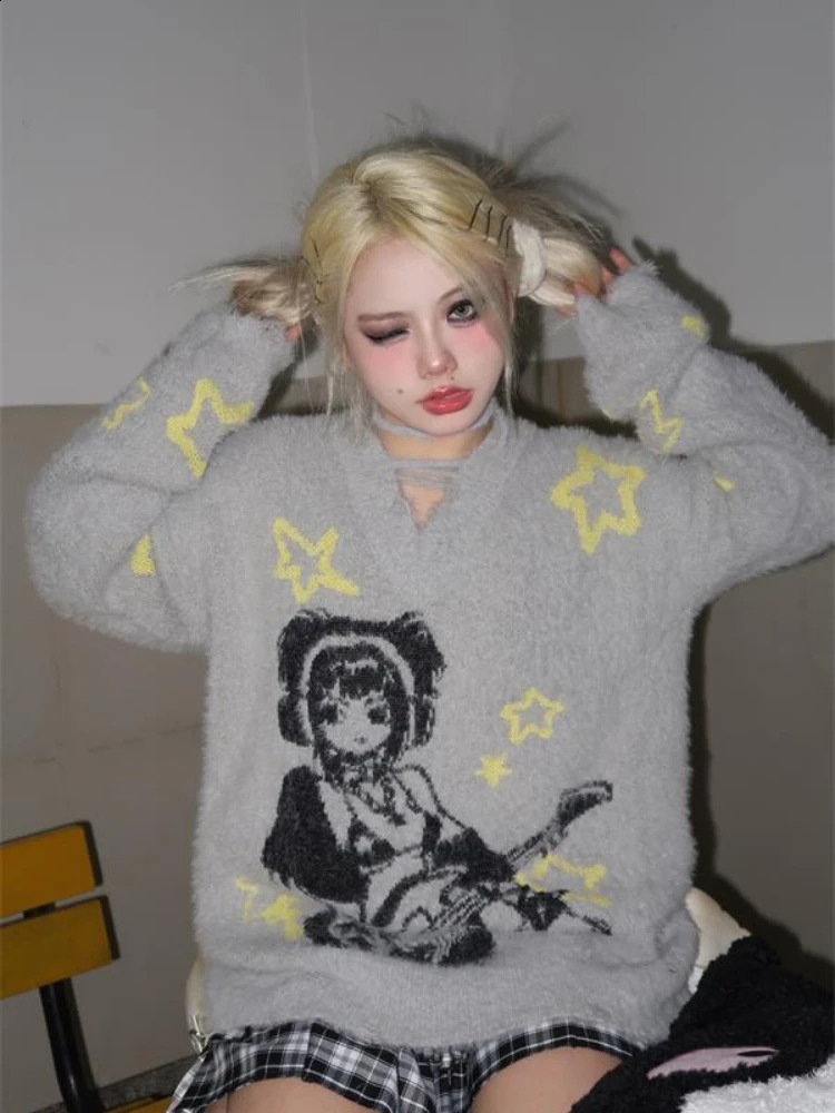 HOUZHOU Harajuku Gothic Y2k Sweater Women Sexy Bandage Oversized Pullovers Knitted Streetwear E Girl V-neck Autumn Winter Tops 240812