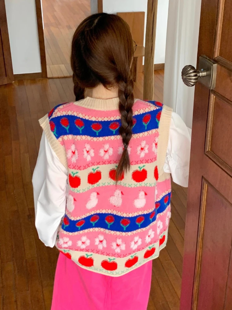 Cartoon Knitted Vest Sweater Women Preppy Style Kawaii O-Neck Contrasting Colors Sleeveless Sweaters Y2K Cute Pullovers 240812