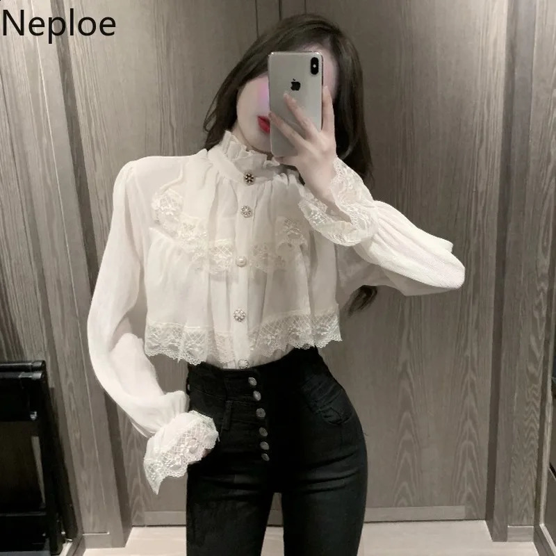 Fashion Korean White Blouse Women Blusas Stand Neck Chiffon Shirts Long Sleeve Ruffles Lace Blouses Vintage Elegant Femme Tops 240812