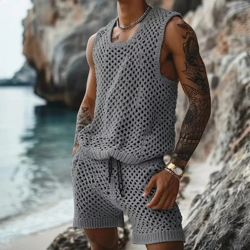 Mens summer casual knitted clothing solid hollow sleeveless vest and twopiece set mens 240812