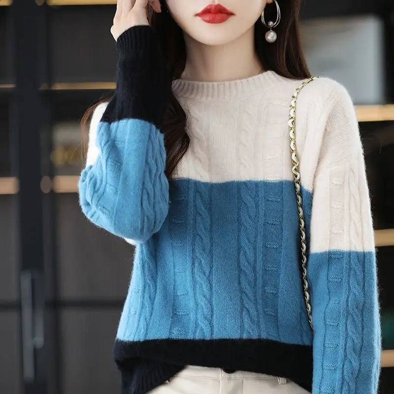 Winter Office Lady Patchwork Knitting Loose O-neck Long Sleeve Pullovers Ladies Fashion Screw Thread Thick Sweater Womens 240812