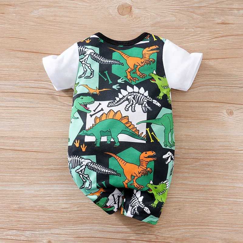 Newborn Clothing Handsome Cartoon Dinosaur Fake Belt Full Print Soft Summer Boys and Girls 0-18 Short Sleeve Baby Tight Clothes W240812