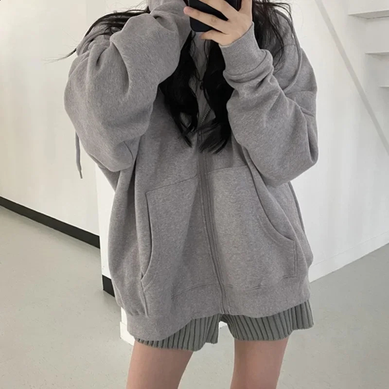 Autumn Women Sweatshirts Korean Fashion Harajuku Oversized Solid Zip Up Hoodies Retro Long Sleeve Hooded Sweatshirt Coats Y2k 240812