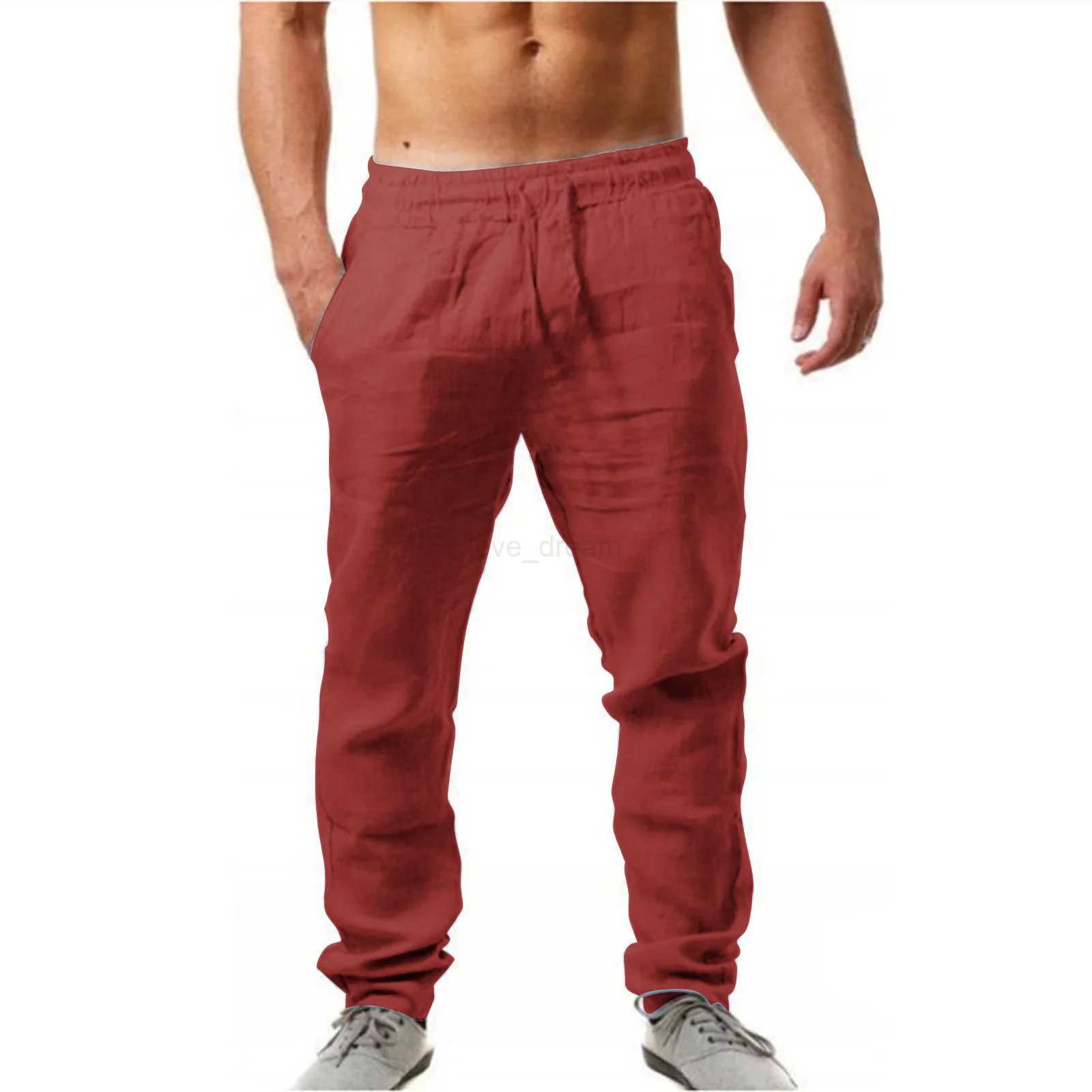 Pants Men Cotton Linen Trousers Joggers Casual Solid Elastic Waist Straight Loose Sports Running Pants Plus Size Mens ClothingXJ240813