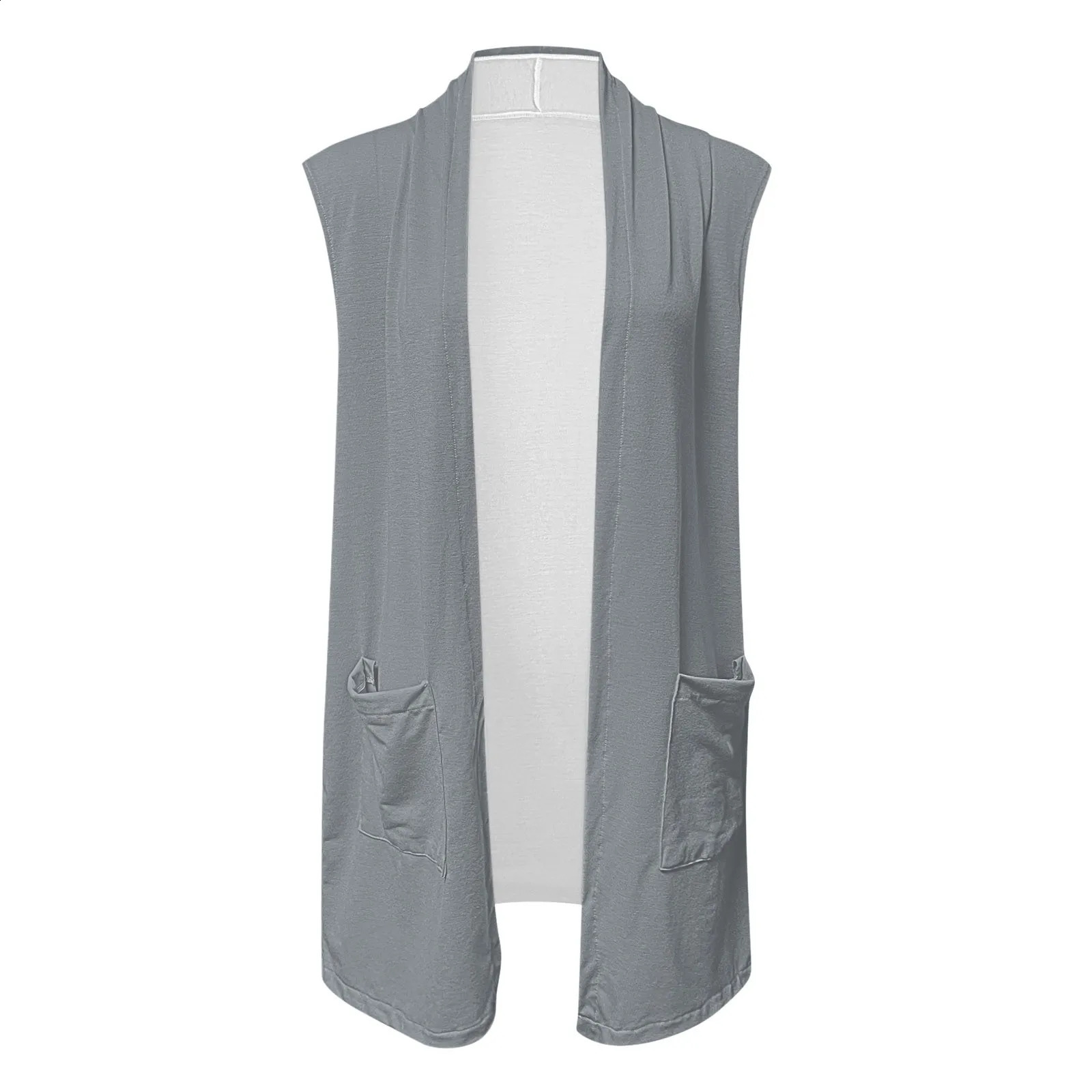 Fashion Ladies Sleeveless Lightweight Draped Open Front Cardigan Vest Women Tops Solid Casual Cardigans Outwear With Pockets 240813