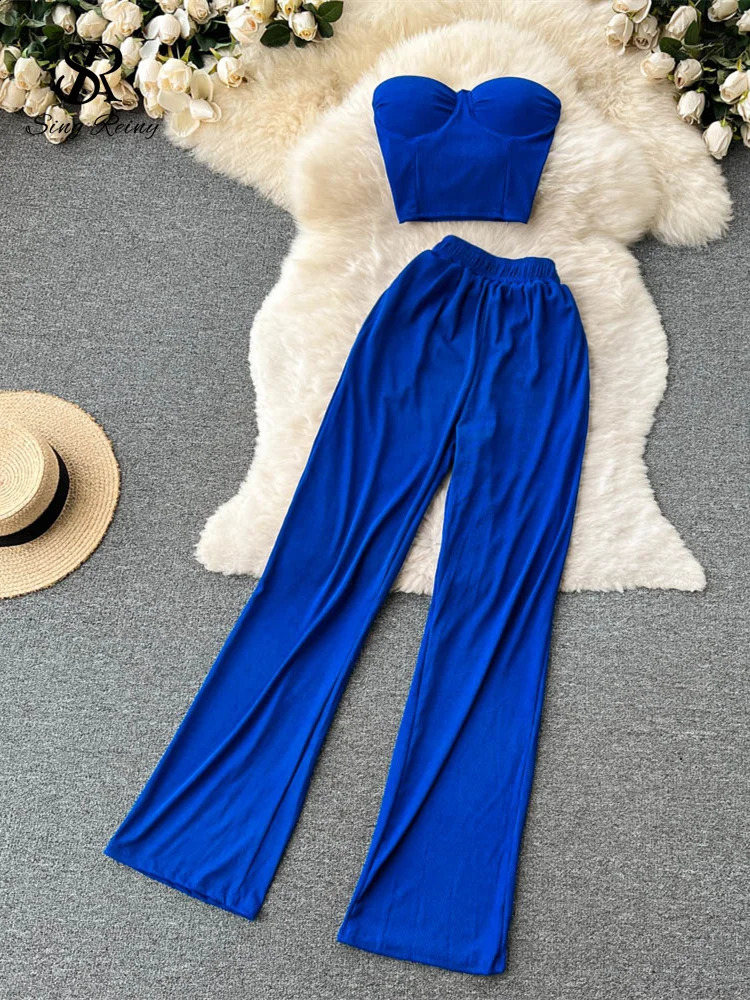 SINGREINY Women Solid Sexy Two Pieces Sets Summer Strapless Slim Camisole Wide Leg Long Pants Sets Streetwear Two Piece Suits 240813
