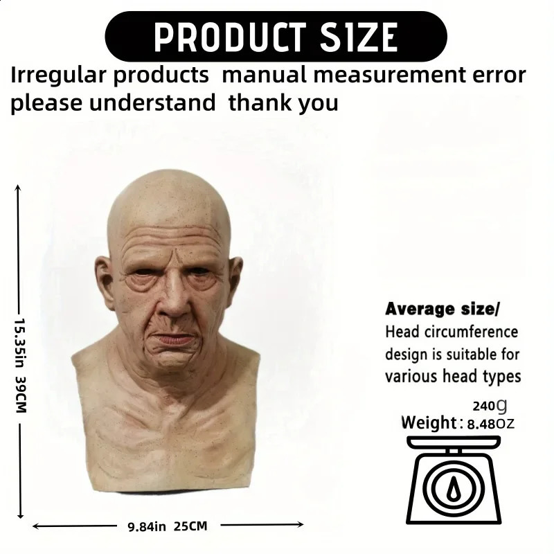 Surrealing Mens Elderly Mask Transformed COS Play Headgear Durable and Comfortable Halloween Costume Party 240812