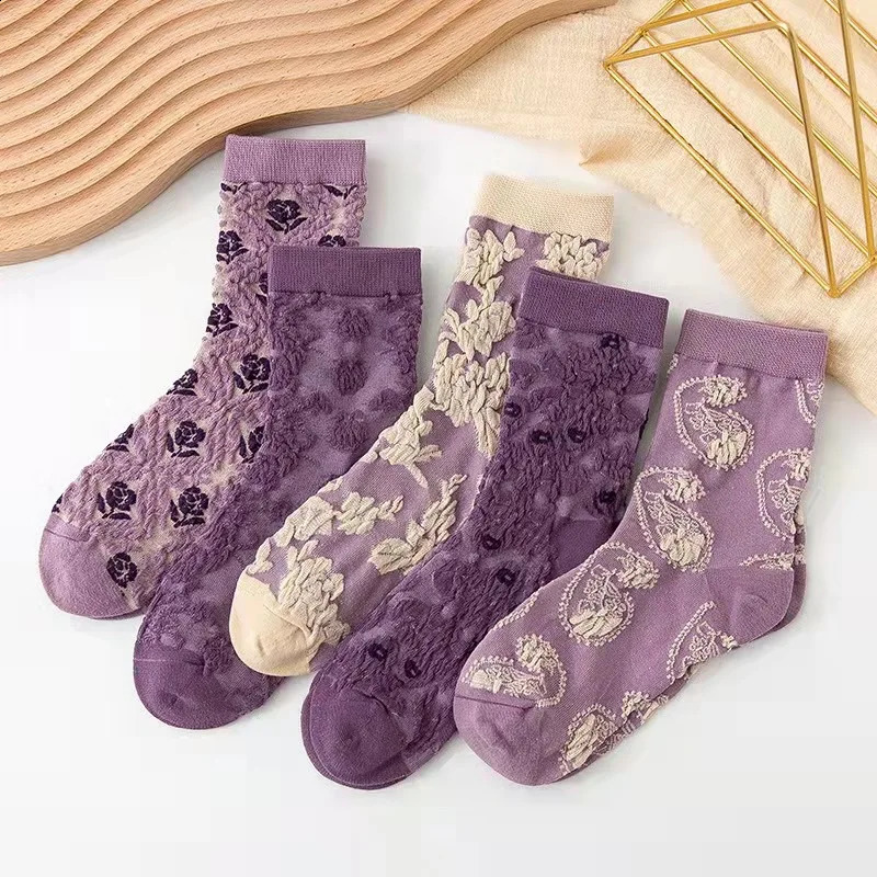 5 Pairs/ Lot Woman Socks Harajuku Retro Embroidery Spring Kawaii Cute Socks Lolita Socks Lace Flower Crew Socks Christmas Gift 240813