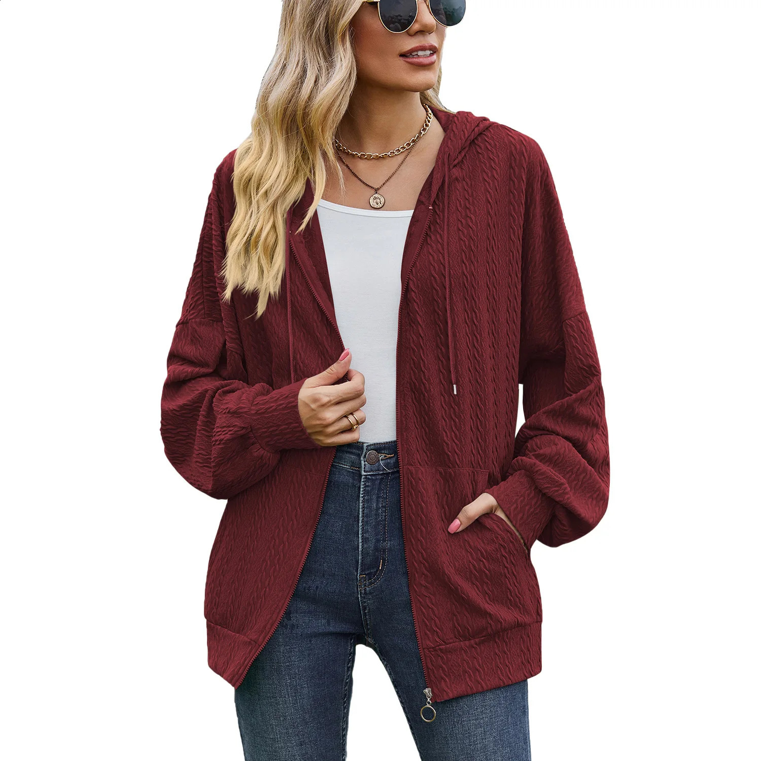 Autumn Winter Coat Womens Fashion Solid Pocket Long Sleeve Drop Shoulder Sleeve Loose Casual Hooded Sweater Coat 240812