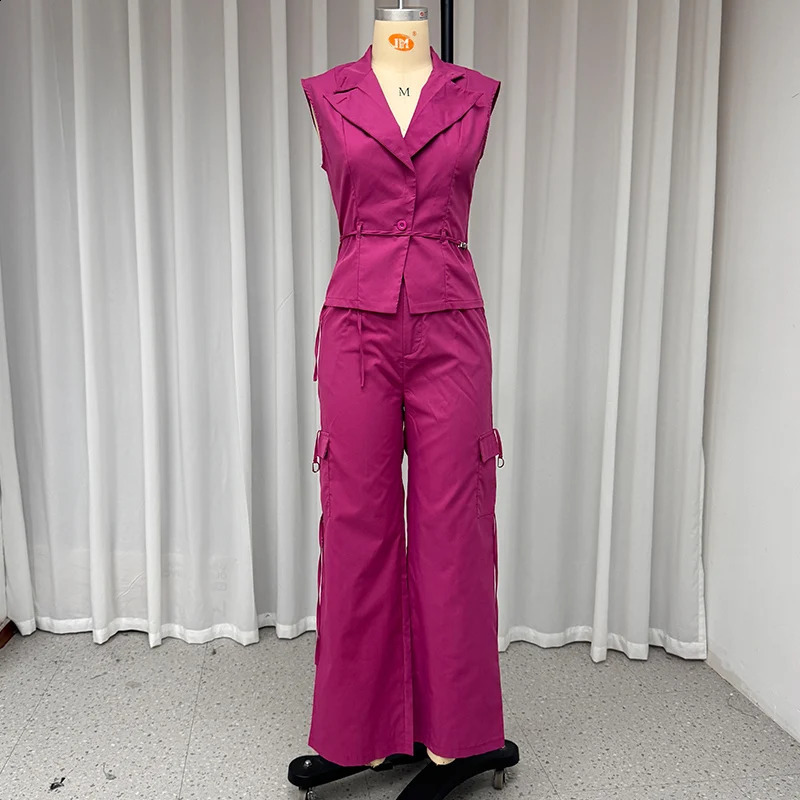 Wefads Two Piece Set Summer Women Elegant Solid Sleeveless Nipped Waist Lapel Top Loose Wide Legs Cargo Pants Sets Streetwear 240813