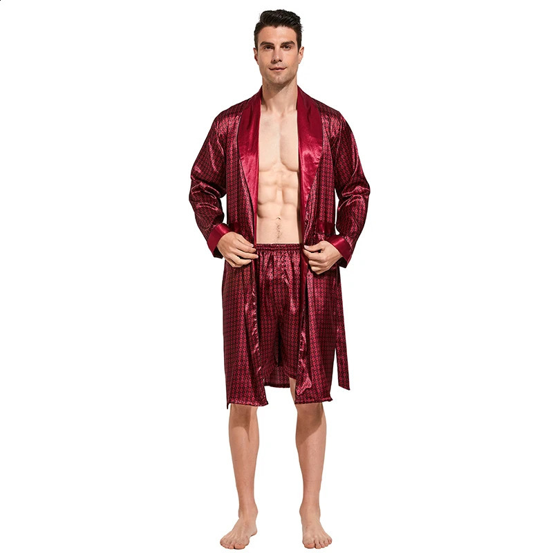Tony Candice Mens Satin Robe Lightweight Long Sleeve Silk Kimono Bathrobe with Shorts Set Sleepwear 240812