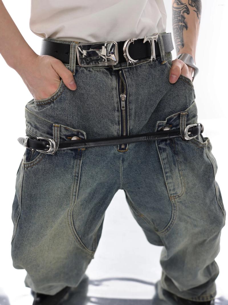 Men's Pants Avant-Garde Style Y2k Niche Vintage Washed Double Belt Jeans Loose Wide Leg Straight High Waist Trousers Bell-Bottom B4