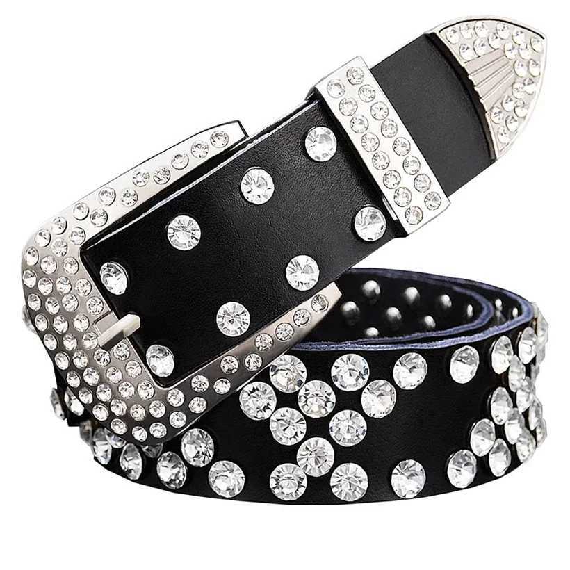 Fashionable genuine womens belt luxury rhinestone buckle womens belt width 3.3cm cowhide belt mens jeans W240807