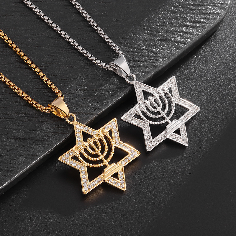 Star of David Hexagram Pendant Necklace Full Zircon Real Gold Plated Mens Jewelry