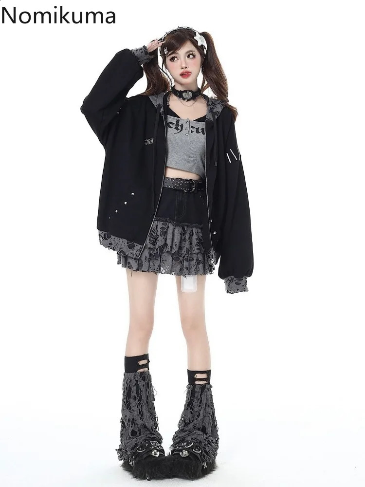 Harajuku Hole Zip Up Hoodies Women Clothing Fashion Japanese Y2k Jackets Ropa Mujer Hooded Casual Oversized Sweatshirts 240812