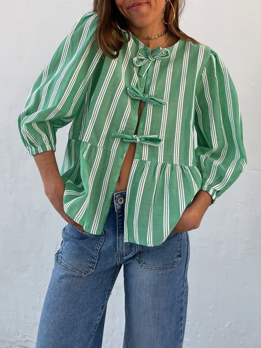 Women s Cute Tie Front Blouse 3 4 Sleeve Striped Peplum Tops