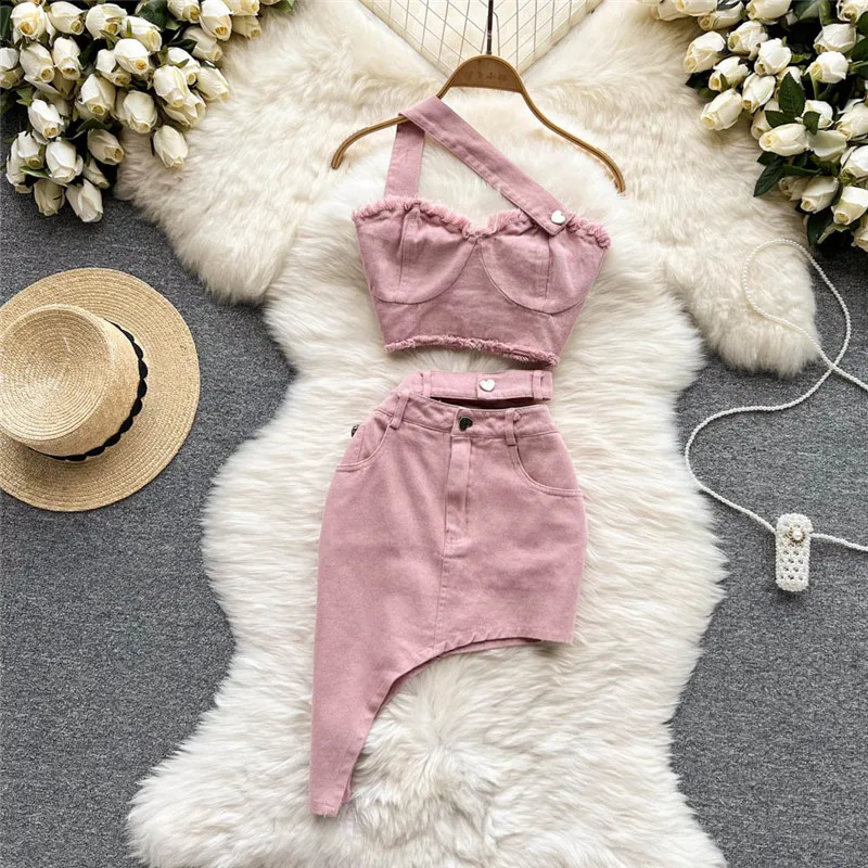 Amolapha Womens Summer Sexy 2-piece Sets Sleeveless Strapless Denim TopsHigh Waist Irregularity Jeans Skirts Suits 240812