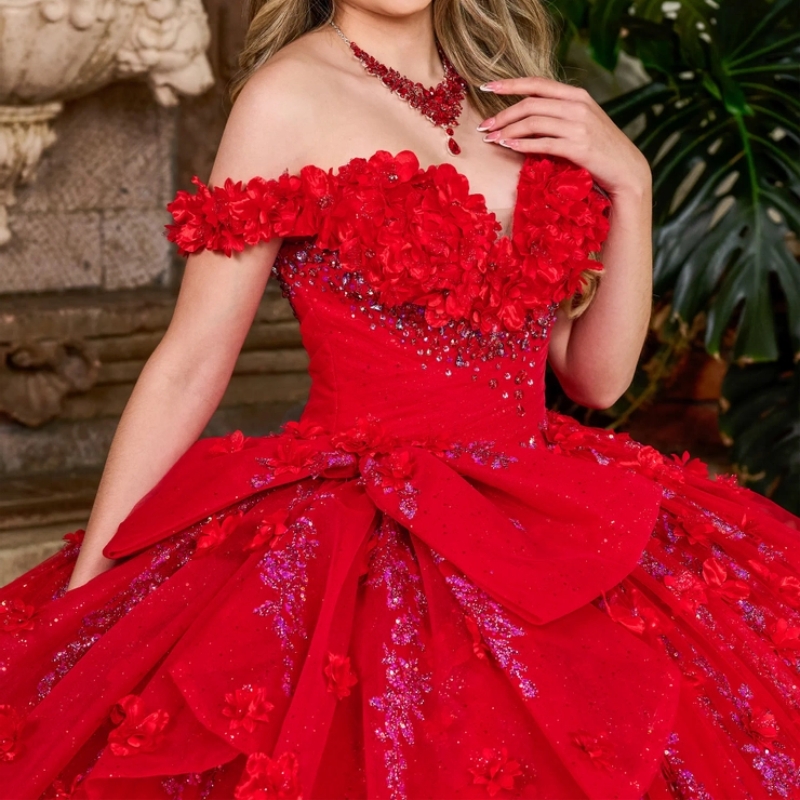 Red Shiny Princess Quinceanera Dresses Off Shoulder Beaded Crystal Flower Tull Sweet 16 vestidos de 15 quinceanera