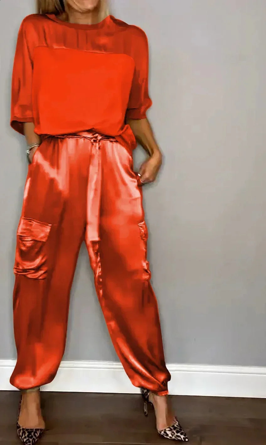 Summer Fashion Solid Satin Two Piece Set Women Round Neck Long Sleeved Top Long Pants Casual Loose Two Piece Set Women 240813
