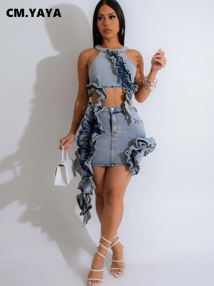 CM.YAYA Denim Womens Set Sleeveless Selvedge Elastic Washed Crop Top Mini Skirts Two 2 Piece Sets Outfits Street Tracksuit 240812