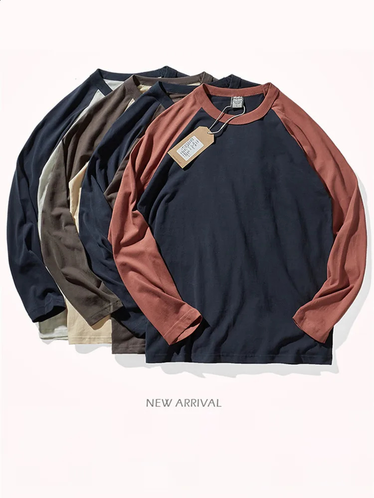 Autumn American Retro Long Sleeve O-neck Contrast Splicing T-shirt Mens Fashion 100% Cotton Washed Old Casual Sport Tops 240812