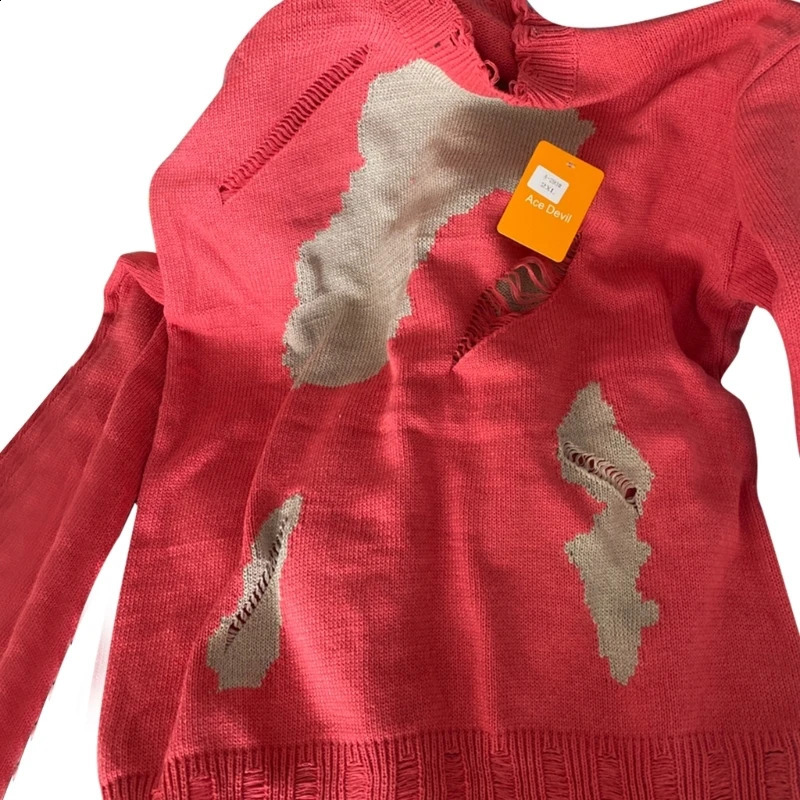 Men Women Harajuku Long Sleeve Tie-Dye Metal Pins Ripped Hole Knitwear Sweater L5YB 240812
