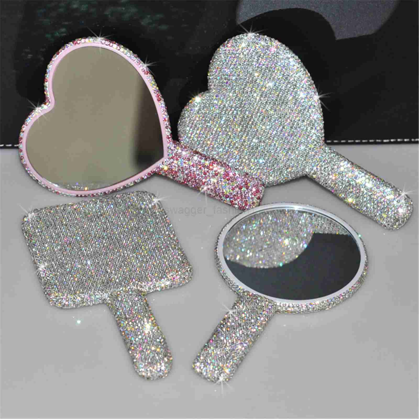 Womens Makeup Compact Mirror Sticking Diamond Hand-held Mirror ABS Fashionable High-end Beauty Handle Mirror Cosmetic MirrorXJ240813