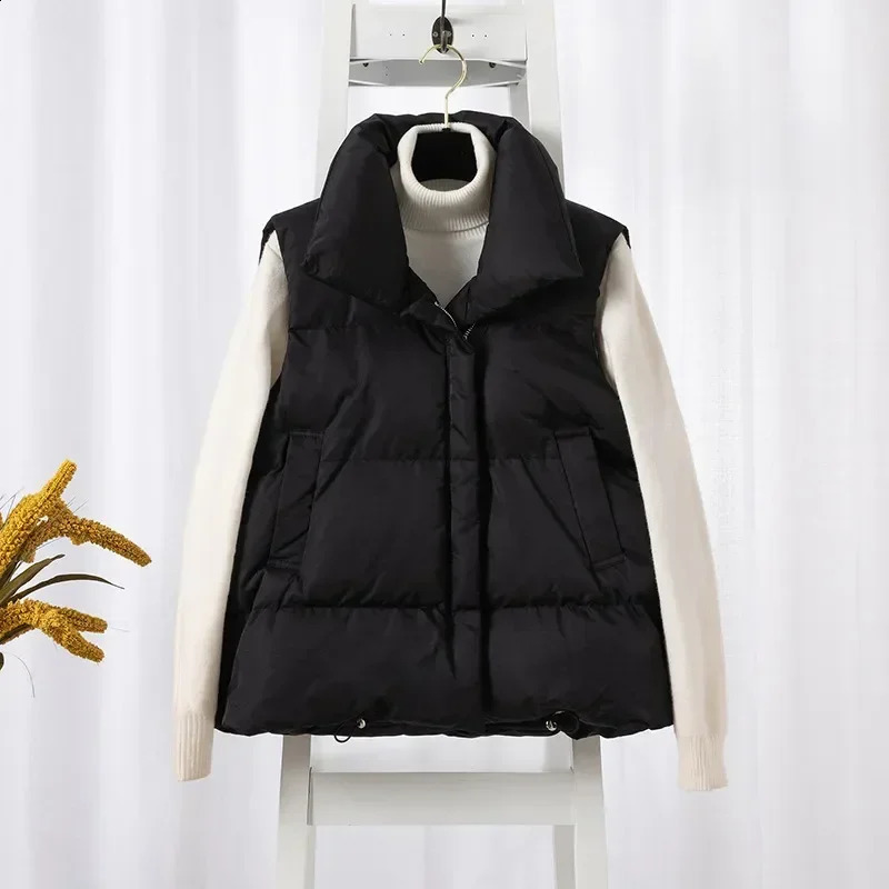 Women Fashion Autumn 2024 Stand Collar Elegant Down Coats Warm Outerwear Casual Belt Sleeveless Winter Women Vests Jackets 240813