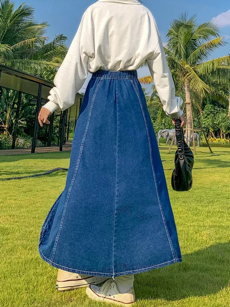 Maxi Long Skirts Women Spring Summer Casual High Waisted Jean Skirt Ladies Splicing A-Line Ruffle Denim Skirt Plus Size 5XL 6XL 240812