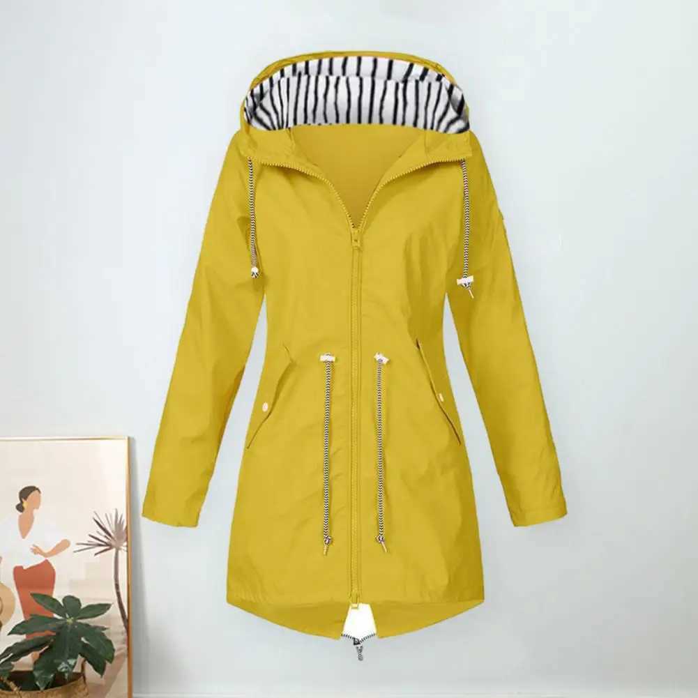 Jacket Coat Stylish Womens Waterproof Rain Jacket with Hood Drawstring Closure Spring Autumn Coat with Side Pockets Zipper Y240810