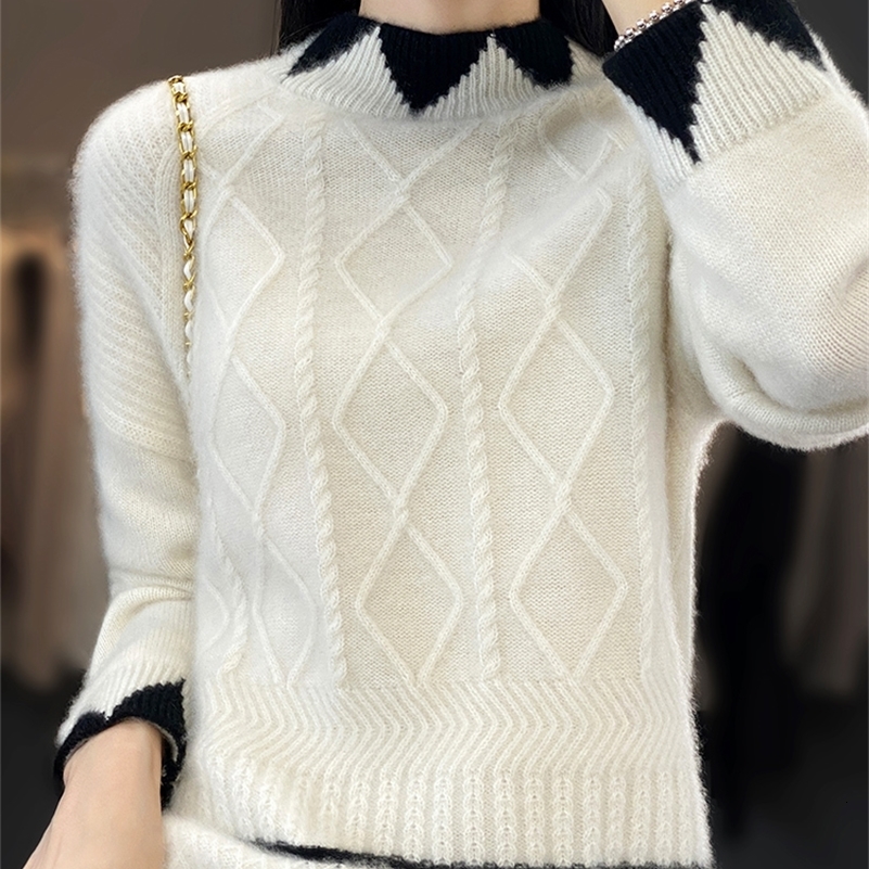 Autumn and Winter 100% Pure Woolen Sweater Womens Half Height Round Neck Contrast Diamond Sweater Loose Wool Knit Top 240812