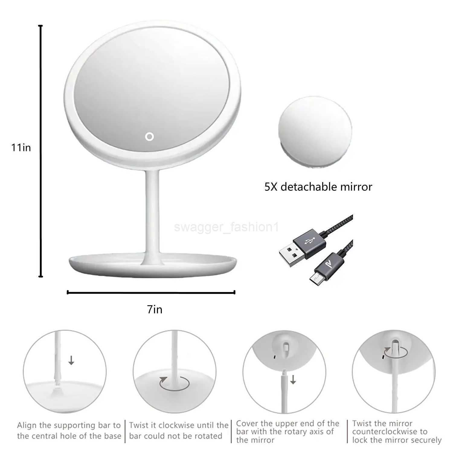 LED Makeup Mirror With Light Lamp With Storage Desktop Rotating Cosmetic Mirror Light Adjustable Dimming USB Vanity MirrorXJ240813