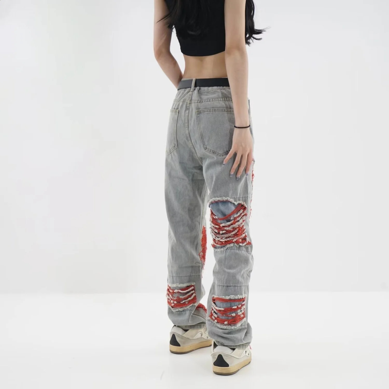 Retro Y2k Baggy Pants red Ripped Jeans Women Streetwear High Waist Gradient Color Fashion Casual Mopping Trousers y2k jeans 240813