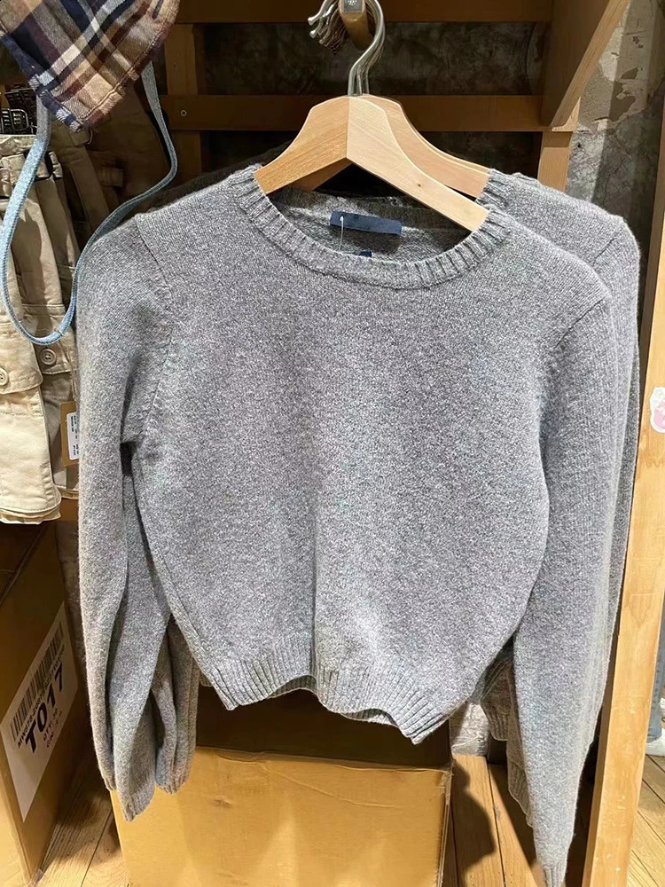 Sweet Blue Slim Knitted Sweater Women Cute Preppy Style Round Neck Autumn Cotton Jumper Vintage Simple Solid Sweaters Tops Y2k 240812