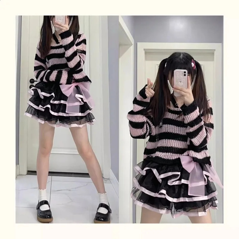 Casual Simple Sweater Knitwear Striped Long Sleeve Gothic Pullover Loose Punk Thin Knit Jumpers Grunge Women Autumn Sweaters 240812