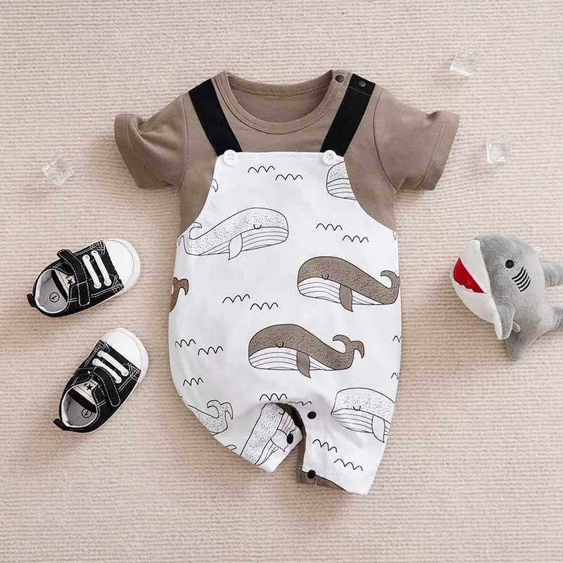 Baby boy girl newborn casual cute cartoon whale fake two piece baby jumpsuit cotton summer short sleeved jumpsuit W240812