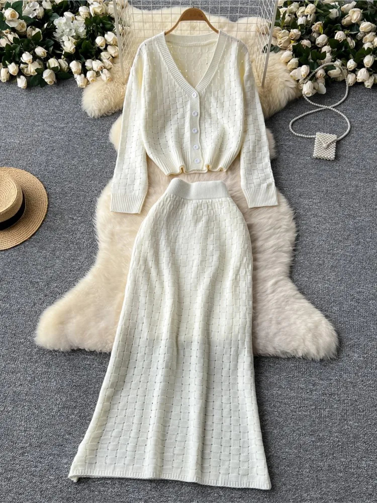 Autumn Hollow Grid Vneck Knitted Skiing Suit Versatile Long Sleeve Open Sweater Womens Midi Two Piece Set 240809