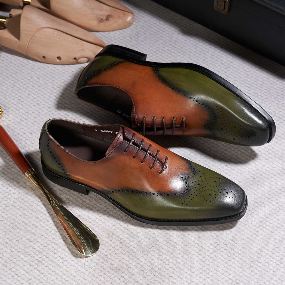 CMM European Mens Leather Shoes Brown Green Fashionable Business Dress Oxford Shoes Formal Wedding Dress Shoes